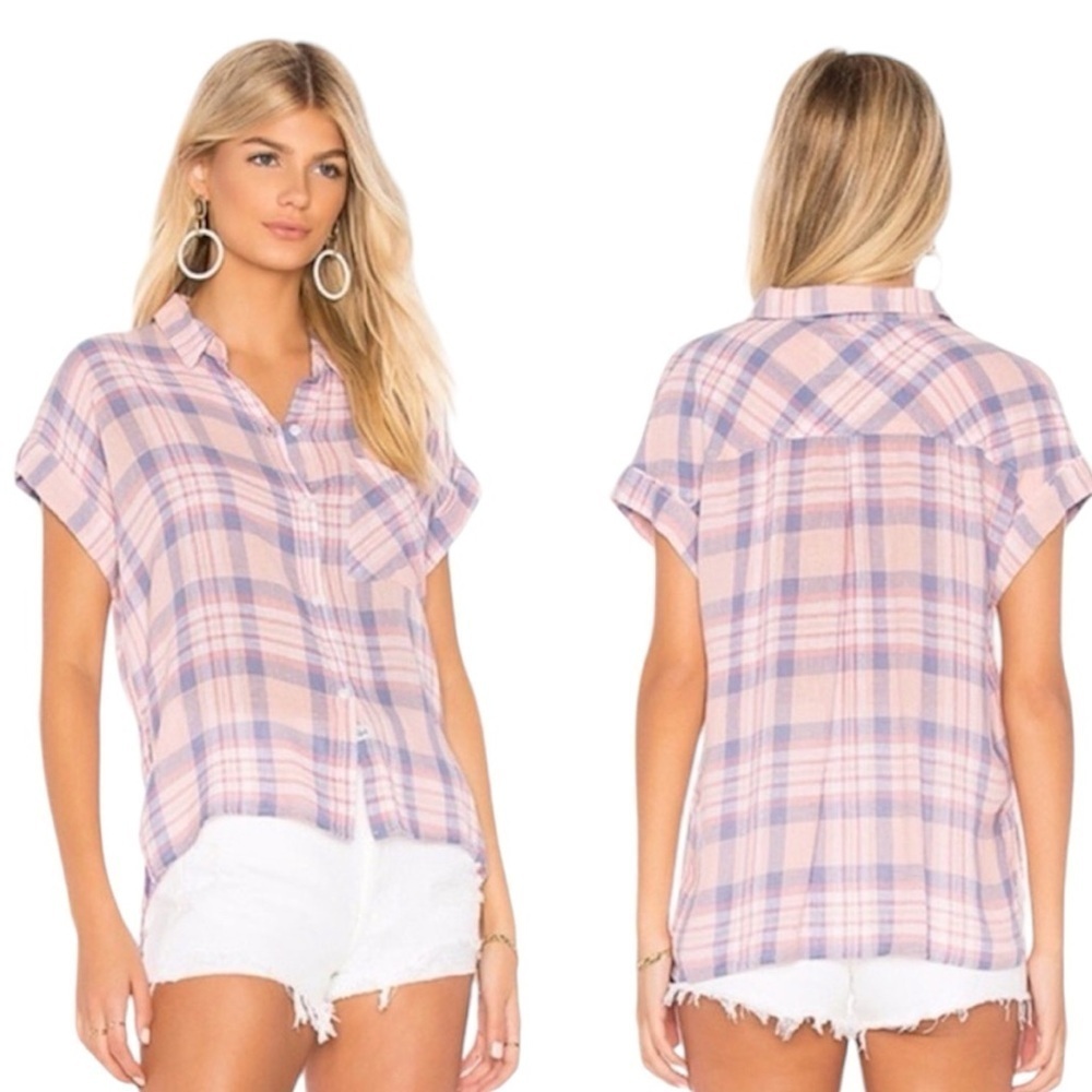 Rails Whitney Short Sleeve Button Down Shirt XS Peach Blush Blue